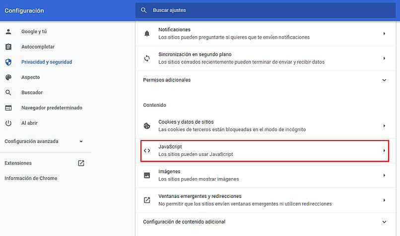 activando javascript en el navegador chrome