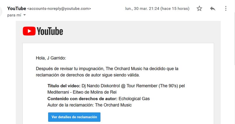 reclamacion de derechos de youtube