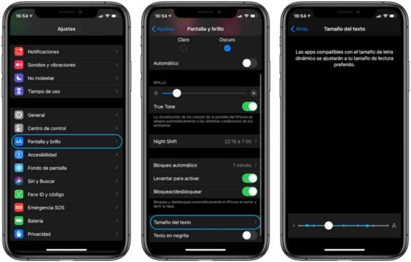 configuración para cambiar el tamano e texto