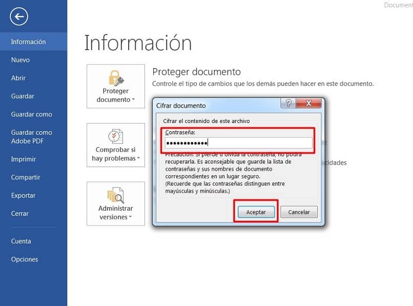 cuadro para establecer contrasena de documento en microsoft word