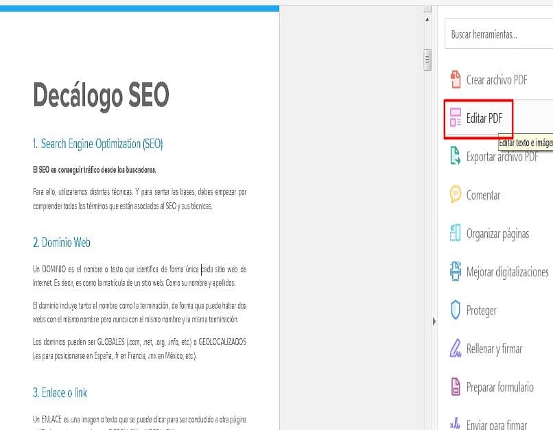 documento en pdf abierto desde adobe acrobat con menu para editar texto