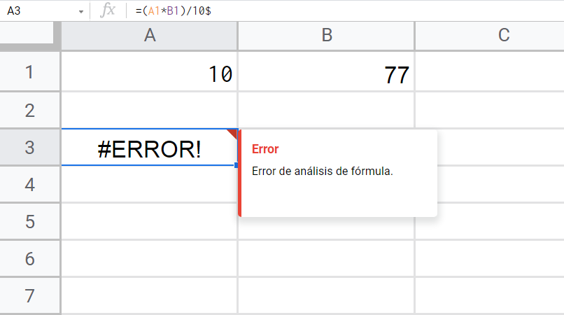 error al introducir un simbolo en hoja de calculo de google