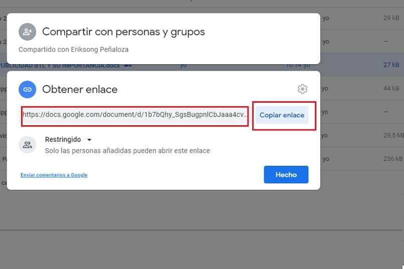 imagen que muestra como se extrae un enlace en drive para compartir
