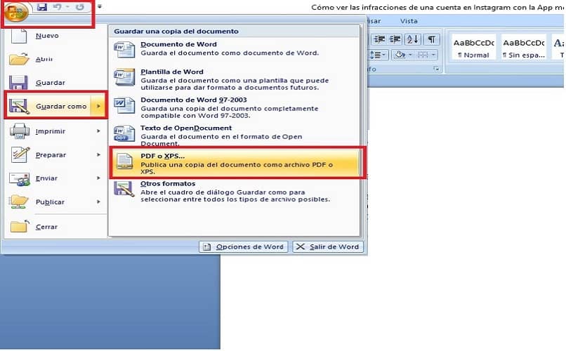 pasos mostrando como se guarda el word directamente en pdf