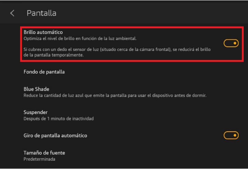 activar el brillo automatico del kindle fire
