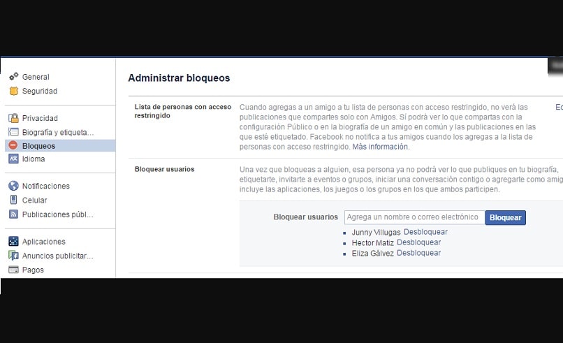 lista de bloqueos de facebook
