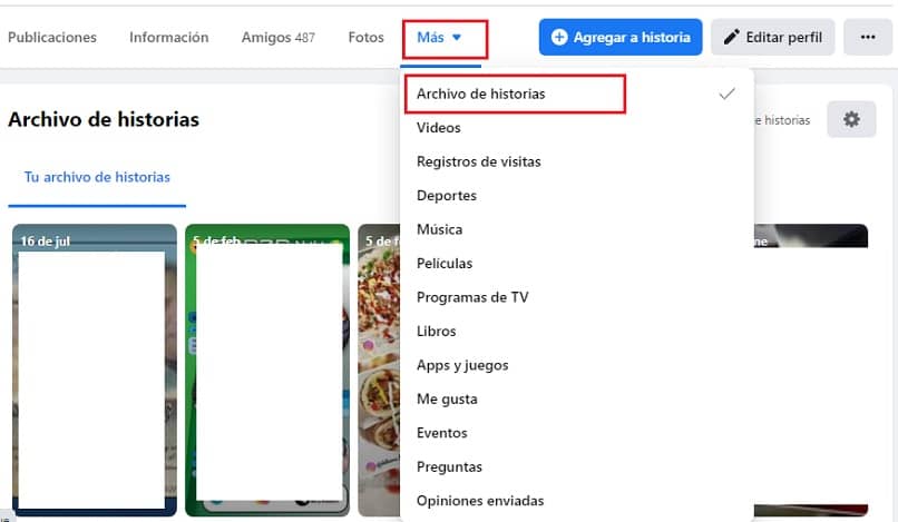 seleccionando el apartado de historias archivadas
