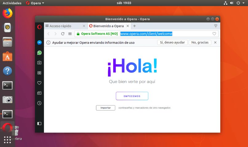 con la ayuda del comando snap puedes instalar opera