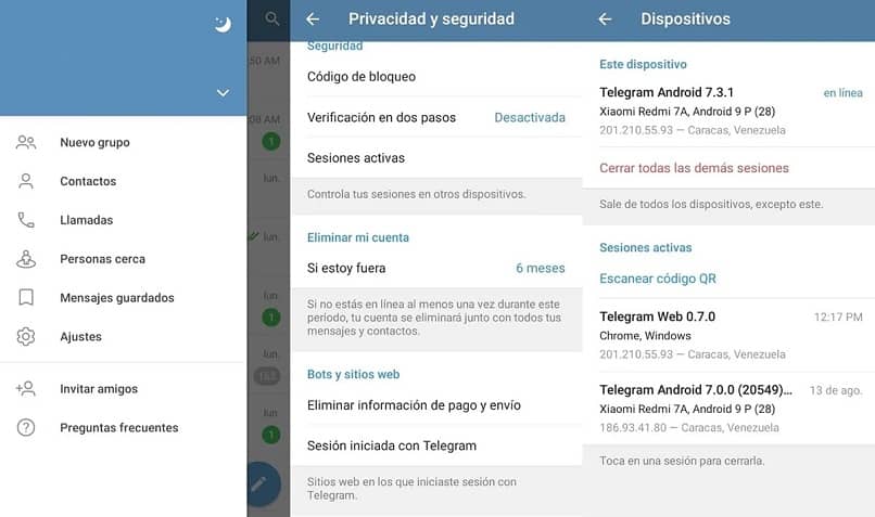 telegram sesiones activas